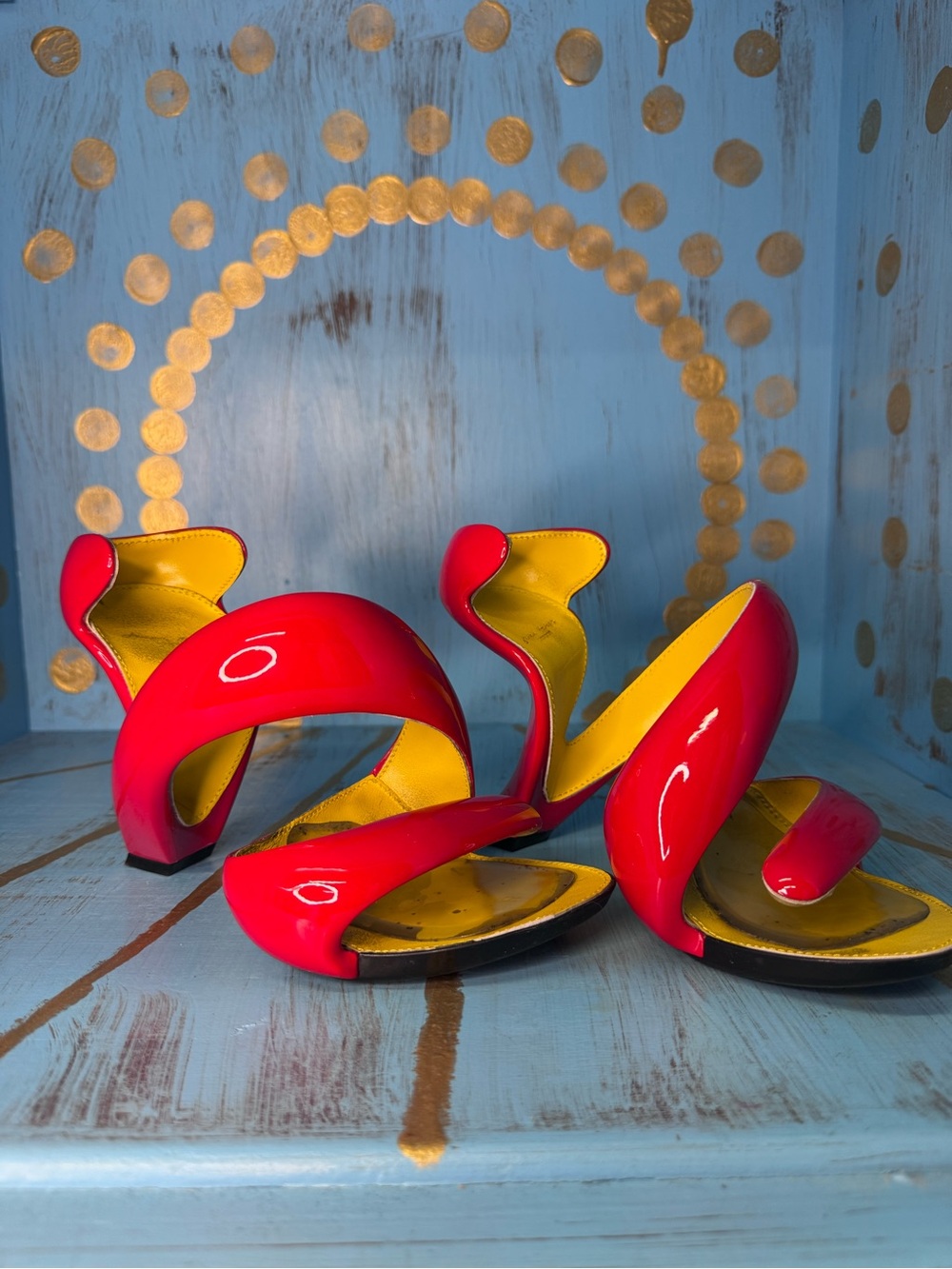Julian Hakes Red Curved Sculptural Heels - Bold Red and Yellow